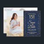 Quinceañera Save the Date 2 Photo Navy Blue & Gold Invitation Postcard<br><div class="desc">Share the joyful news of an upcoming Quinceañera celebration with chic modern 2 photo save the date postcard invitations. The pictures and all wording on this template are simple to personalize. The colors, font styles and overlay opacity can be easily customized with the Zazzle Design Editor tool. The navy blue...</div>
