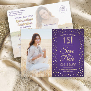 Quinceañera Save the Date 2 Photo Purple and Gold Invitation Postcard