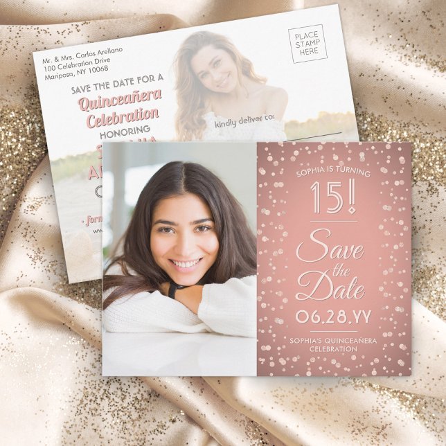 Quinceañera Save the Date 2 Photo Rose Gold Pink Invitation Postcard (Creator Uploaded)