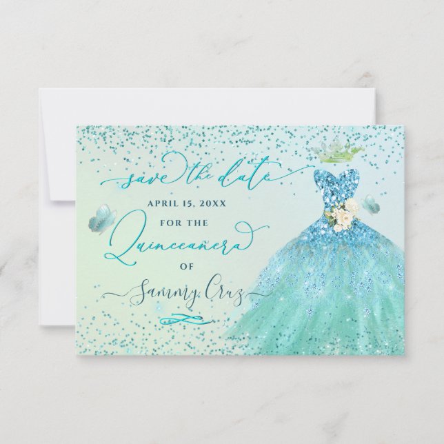 Quinceanera Save the Date Aqua Glitter Dress Invitation (Front)