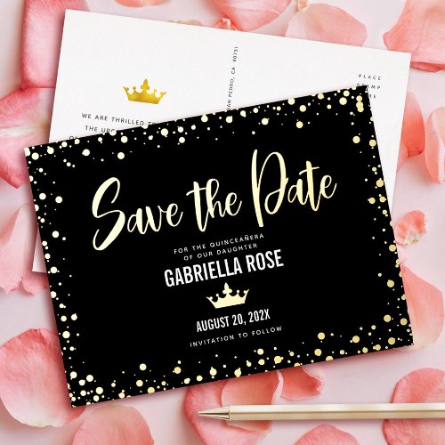 Quinceaera Save the Date Black Crown Real Gold Foil Invitation Postcard