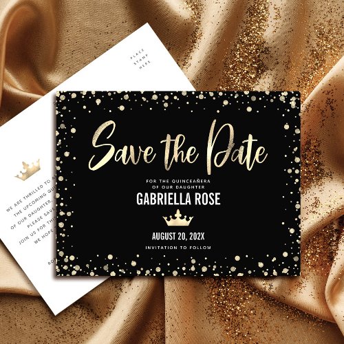 Quinceaera Save the Date Black Gold Glitter Crown Invitation Postcard