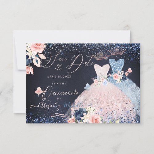 Quinceanera Save the Date Blush Dusty Blue Gowns   Invitation
