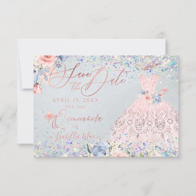 Quinceanera Save the Date Blush Pink Glitter Gown Invitation (Front)