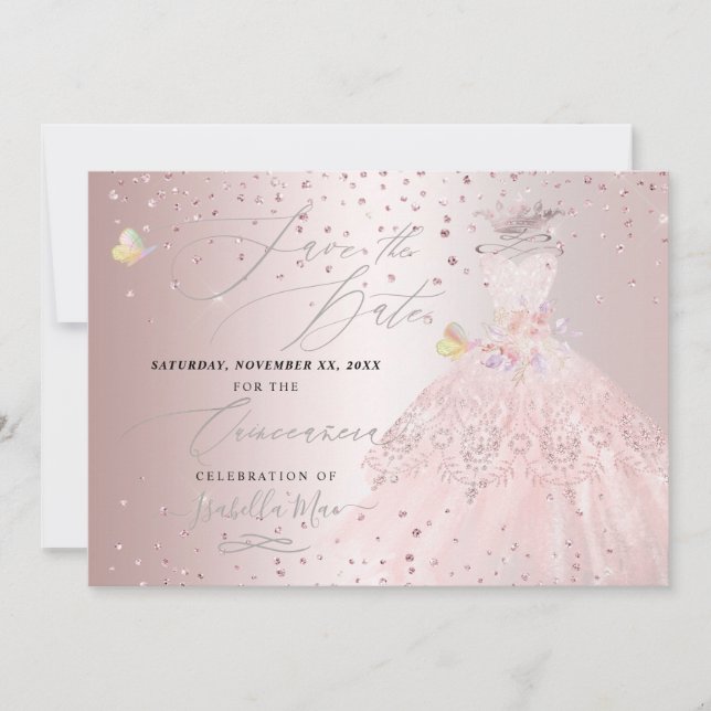Quinceanera Save the Date Blush Rose Sweet Peas Invitation (Front)