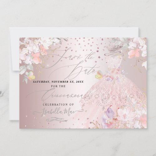 Quinceanera Save the Date Blush Rose Sweet Peas Invitation