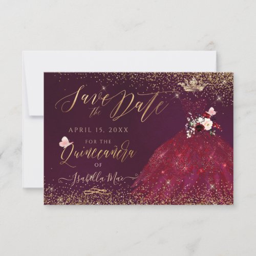 Quinceanera Save the Date Burgundy Gown  Invitatio Invitation