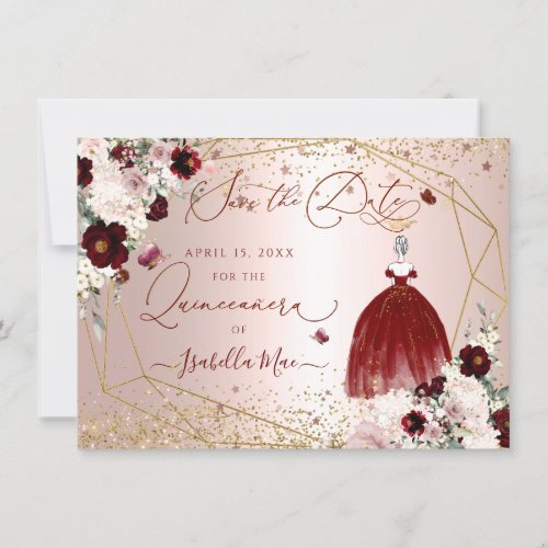 Quinceanera Save the Date Burgundy Gown Invitation