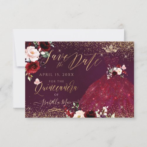 Quinceanera Save the Date Burgundy Gown  Invitation