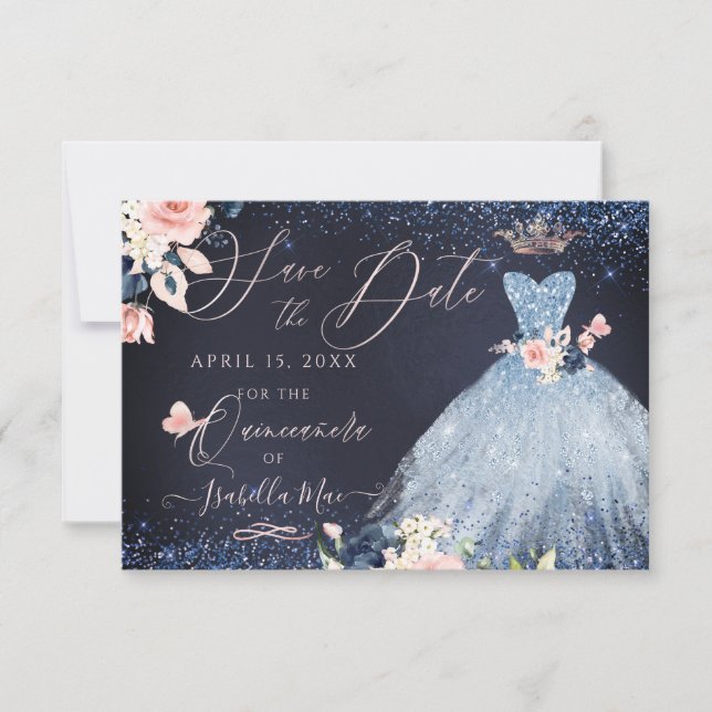 Quinceanera Save the Date  Dusty Blue Gown Invitation (Front)