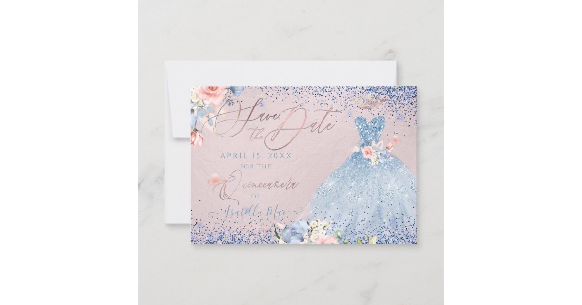 Quinceanera Save the Date Dusty Blue Gown Invitation | Zazzle