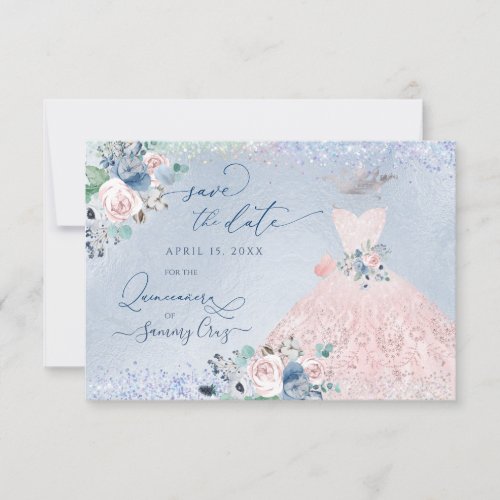 Quinceanera Save the Date Dusty Pink Blue Peonies  Invitation