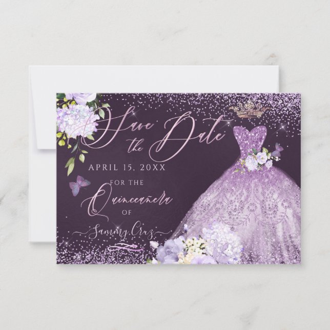 Quinceanera Save the Date Dusty Purple Gown  Invit Invitation (Front)
