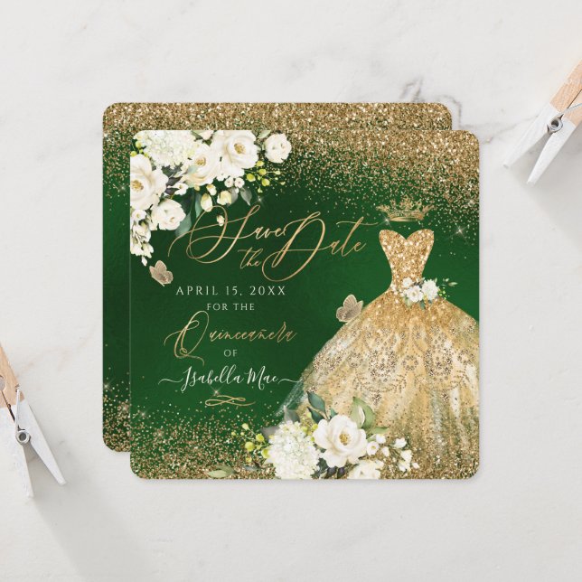 Quinceanera Save the Date Faux Glitter Gold Gown Invitation (Front/Back In Situ)