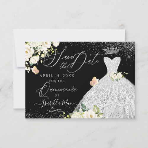 Quinceanera Save the Date Faux Glitter White Gown Invitation