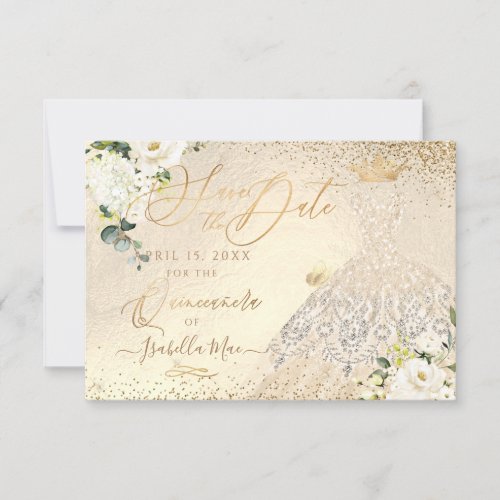 Quinceanera Save the Date Gold Faux Glitter Gown I Invitation