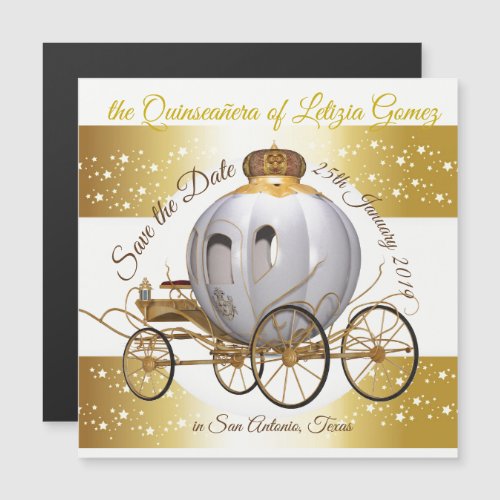 Quinceanera Save the Date Gold Princess Carriage Magnetic Invitation