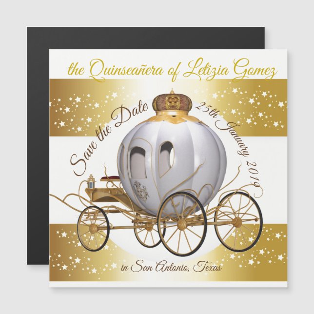 Quinceanera Save the Date Gold Princess Carriage Magnetic Invitation (Front/Back)