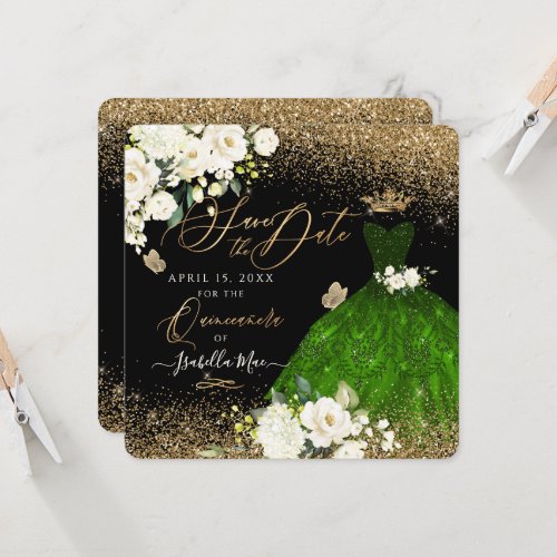 Quinceanera Save the Date Green Faux Glitter Gown Invitation