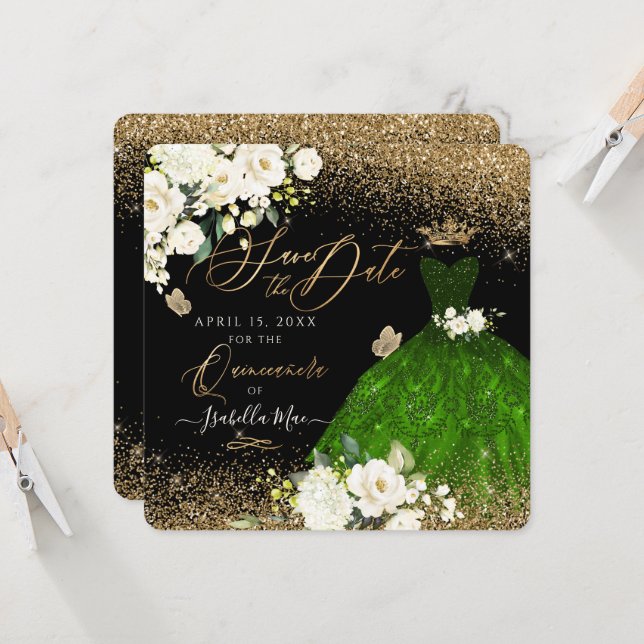 Quinceanera Save the Date Green Faux Glitter Gown Invitation (Front/Back In Situ)