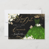 Quinceanera Save the Date Green Faux Glitter Gown Invitation (Front)