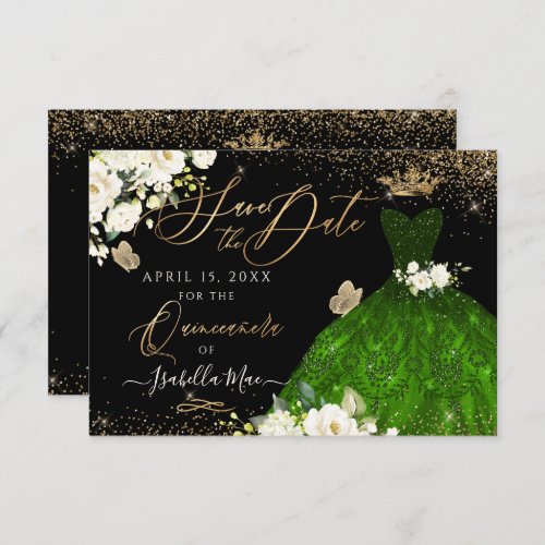 Quinceanera Save the Date Green Faux Glitter Gown Invitation