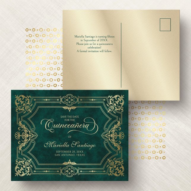 Quinceanera Save the Date Green Postcard (Creator Uploaded)