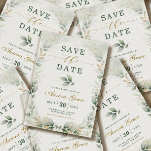 Quinceanera Save the Date Greenery Gold Eucalyptus Invitation