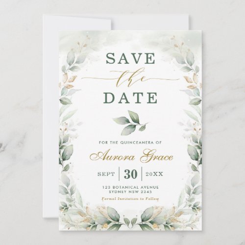 Quinceanera Save the Date Greenery Gold Eucalyptus Invitation