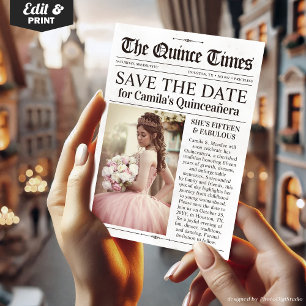 Quinceañera Save the Date, Miss Quince Newspaper Invitation