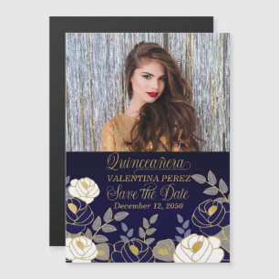 Quinceanera Save the Date Navy Blue Botanical