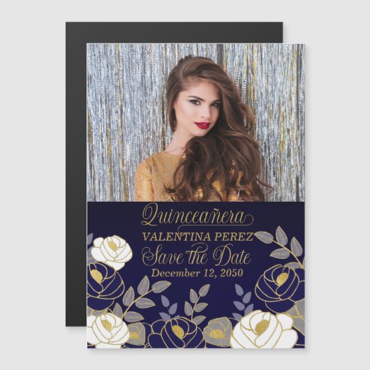 Quinceanera Save the Date Navy Blue Botanical (Front/Back)