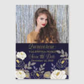 Quinceanera Save the Date Navy Blue Botanical (Front)