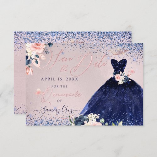 Quinceanera Save the Date Navy Blue Gown Invitation
