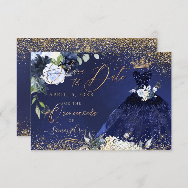 Quinceanera Save the Date Navy Blue Gown Invitation (Front/Back)