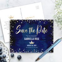 Quinceañera Save the Date Navy Gold Glitter Crown