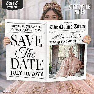Quinceañera Save the Date Newspaper Photoshoot Card