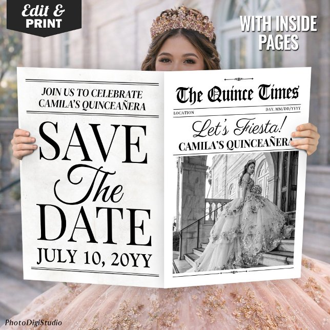 Quinceañera Save the Date Newspaper Photoshoot Card (Quinceañera Save the Date Newspaper Template for 15th Birthday Quince Photoshoot)