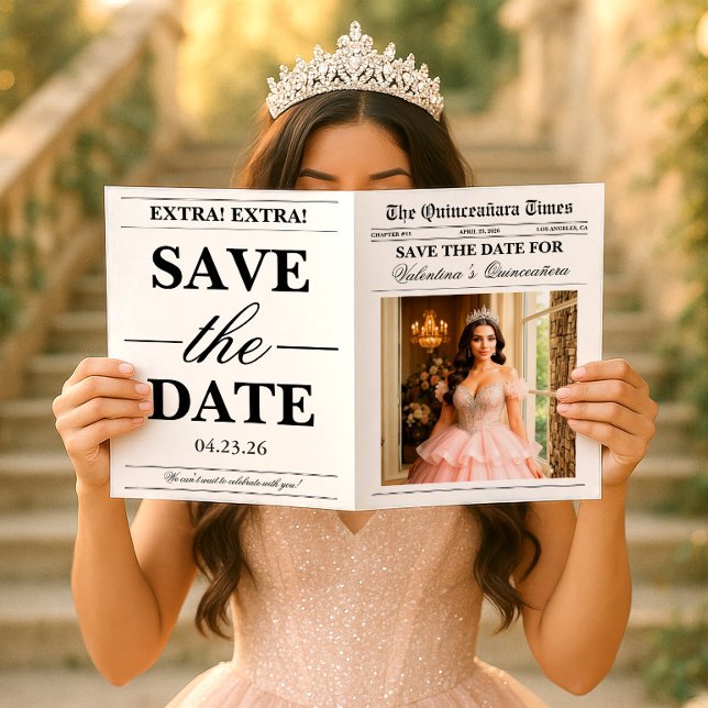 Quinceañera Save the Date Newspaper Photoshoot Card (Creator Uploaded)