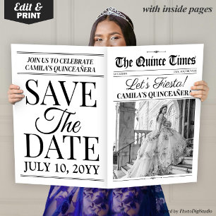 Quinceañera Save the Date Newspaper Photoshoot Card