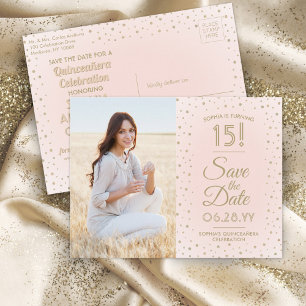Quinceañera Save the Date Photo Blush Pink & Gold Invitation Postcard