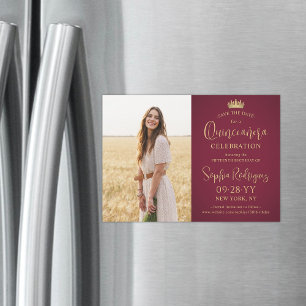 Quinceañera Save the Date Photo Burgundy and Gold Magnetic Invitation