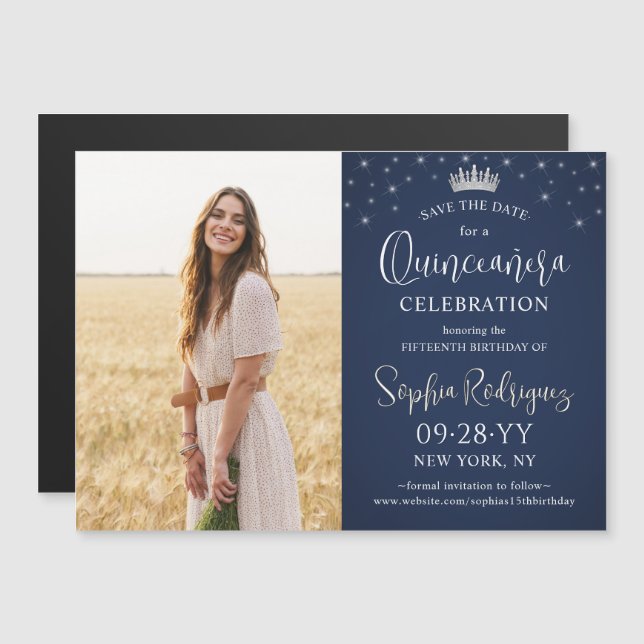 Quinceañera Save the Date Photo Navy Blue Stars Magnetic Invitation (Front/Back)