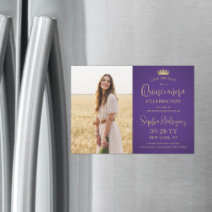 Quinceañera Save the Date Photo Purple and Gold Magnetic Invitation