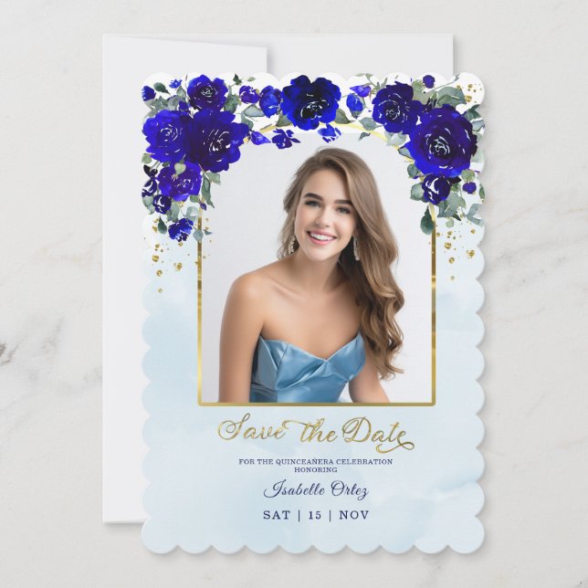 Quinceañera Save The Date Photo Royal Blue  Gold Invitation (Front)