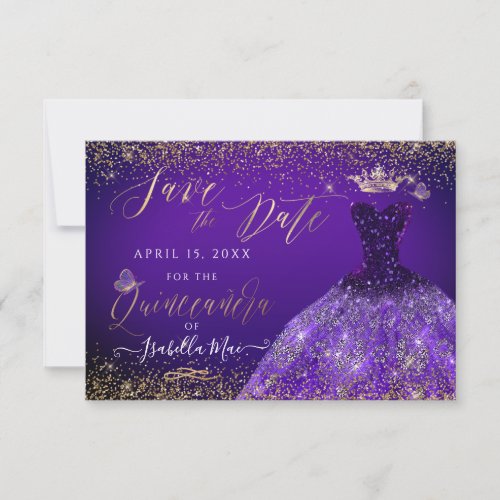 Quinceanera Save the Date Purple Gliter Gown Invitation