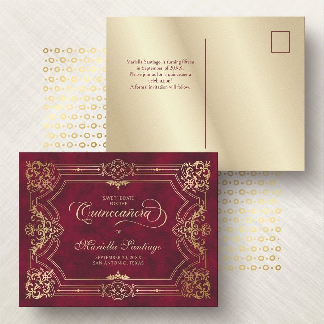 Quinceanera Save the Date Red Postcard (Creator Uploaded)