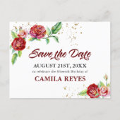 Quinceanera Save the Date Red Roses Watercolor Announcement Postcard (Front)