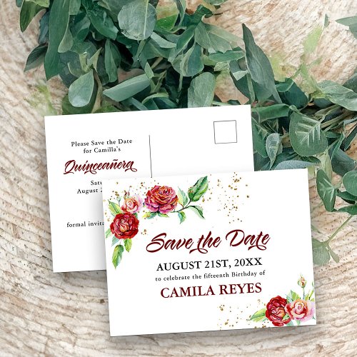 Quinceanera Save the Date Red Roses Watercolor Announcement Postcard