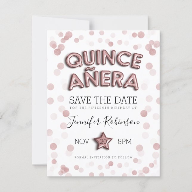 Quinceanera Save The Date Rose Gold Balloons (Front)